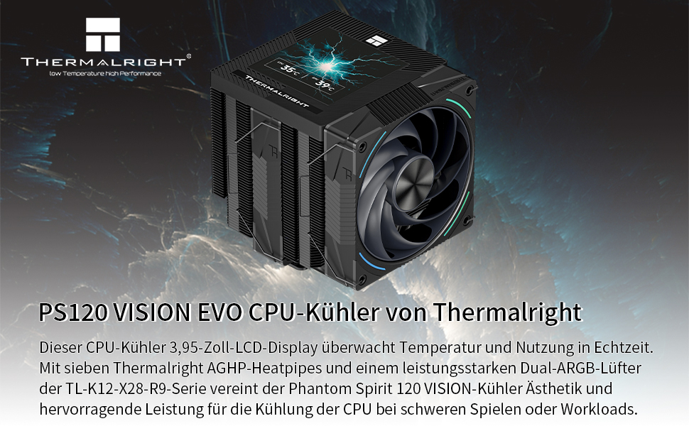 Кулер для процесора Thermalright Phantom Spirit 120 EVO, 7 теплових трубок, 2 PWM вентилятори, 2150 RPM, сумісність з AMD AM4/AM5 та Intel LGA 115X/1200/1700/1851/20XX, чорний
