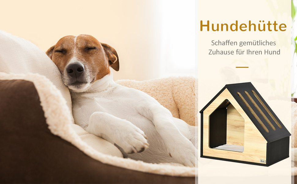 Pawhut Wooden Dog House & Cat Cave - Indoor Pet Bed with Cushion for Small Dogs & Cats (Up to 8kg) - Natural, Coffee Brown, Cream White