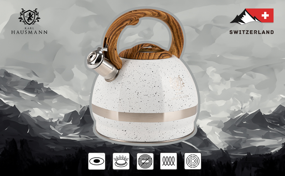 Чайник для води Induktion Karl Hausmann 3L з білого мармуру - автоматичний свисток, нержавіюча сталь, підходить для всіх типів плит