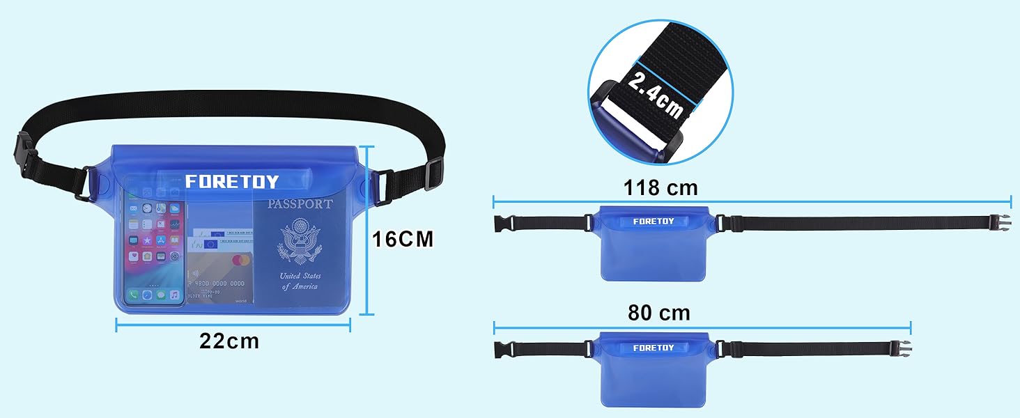 Водонепроникна сумка-чохол на пояс з регульованим ремінцем, IP68, для фото, водного спорту, пляжу, плавання, риболовлі (Чорний + Синій)
