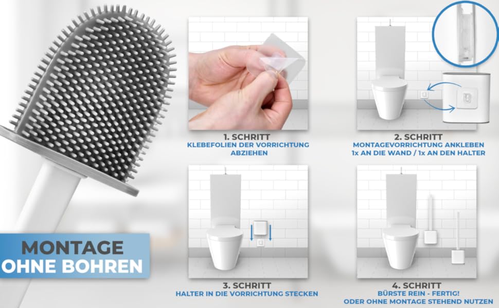 Силіконова щітка для унітазу MUVEN® з плоскою та гнучкою насадкою, швидковисихаючий тримач та гумові виступи - щітка для унітазу на стіну без свердління (білий, матовий)