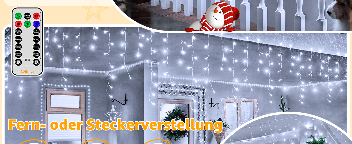 Ланцюжок прикрас з LED-підсвічуванням Ollny Eisregen 15м, 600 LED, для зовнішнього використання, з пультом, водонепроникний, 8 режимів, тепле біле світло, для балкона, даху, вікна, дому, ковадла