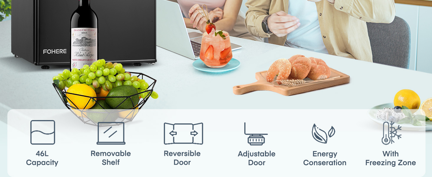 Міні-холодильник FOHERE 46L з відділенням для льоду | Компактний холодильник | Регулювання температури, енергозбереження, тиха робота | Холодильник для напоїв, ідеальний для офісу, кемпінгу та геймінгу | Змінний бік відкривання дверцят | Чорний