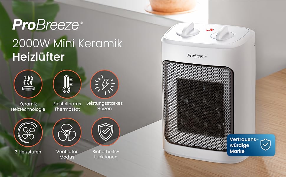 Керамічний обігрівач Pro Breeze 2000W з термостатом, електрична теплова гармата з 3 рівнями нагріву, захистом від перегріву та перекидання, білий