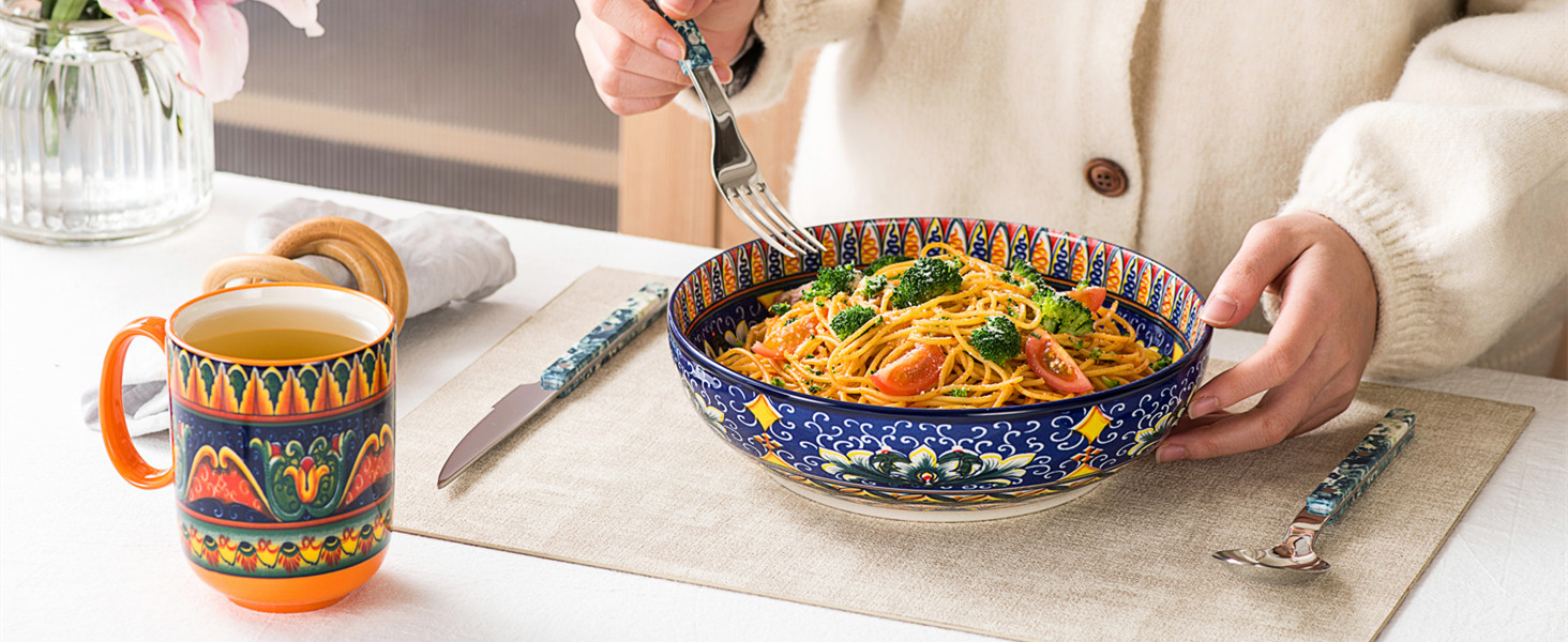 Набір тарілок Henten Home Mylo: 2 тарілки для супу та салатів, 1500 мл, бохо стиль (синьо-помаранчевий)