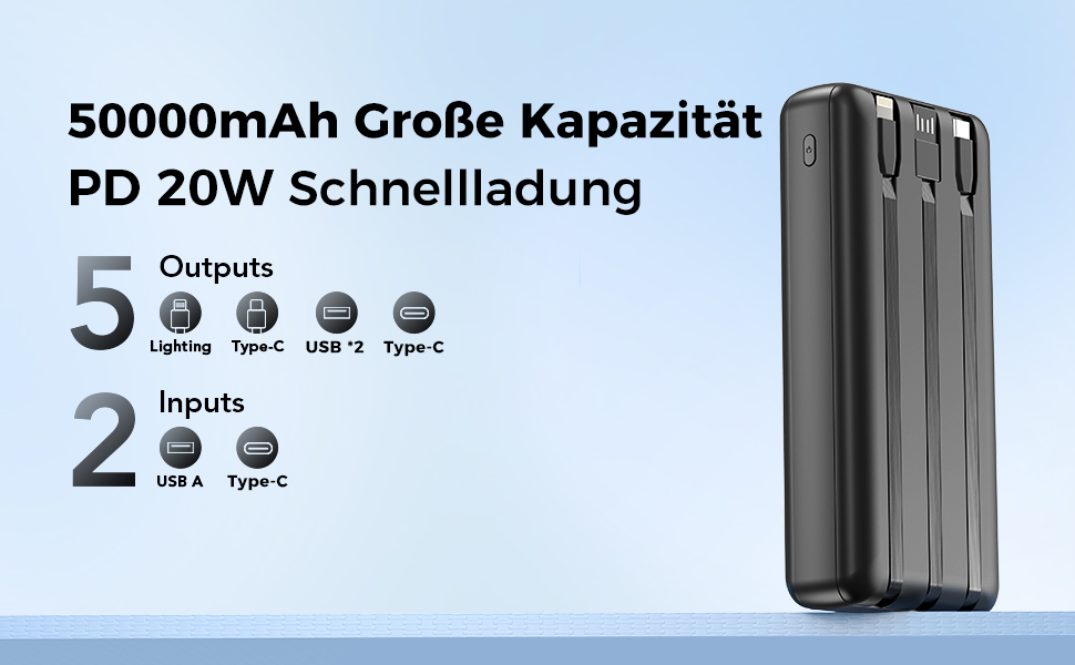 Повербанк Powerbank 50000mAh P500C з вбудованими кабелями та LED-дисплеєм, швидка зарядка USB-C, зовнішній акумулятор для iPhone, Android та планшетів, чорний