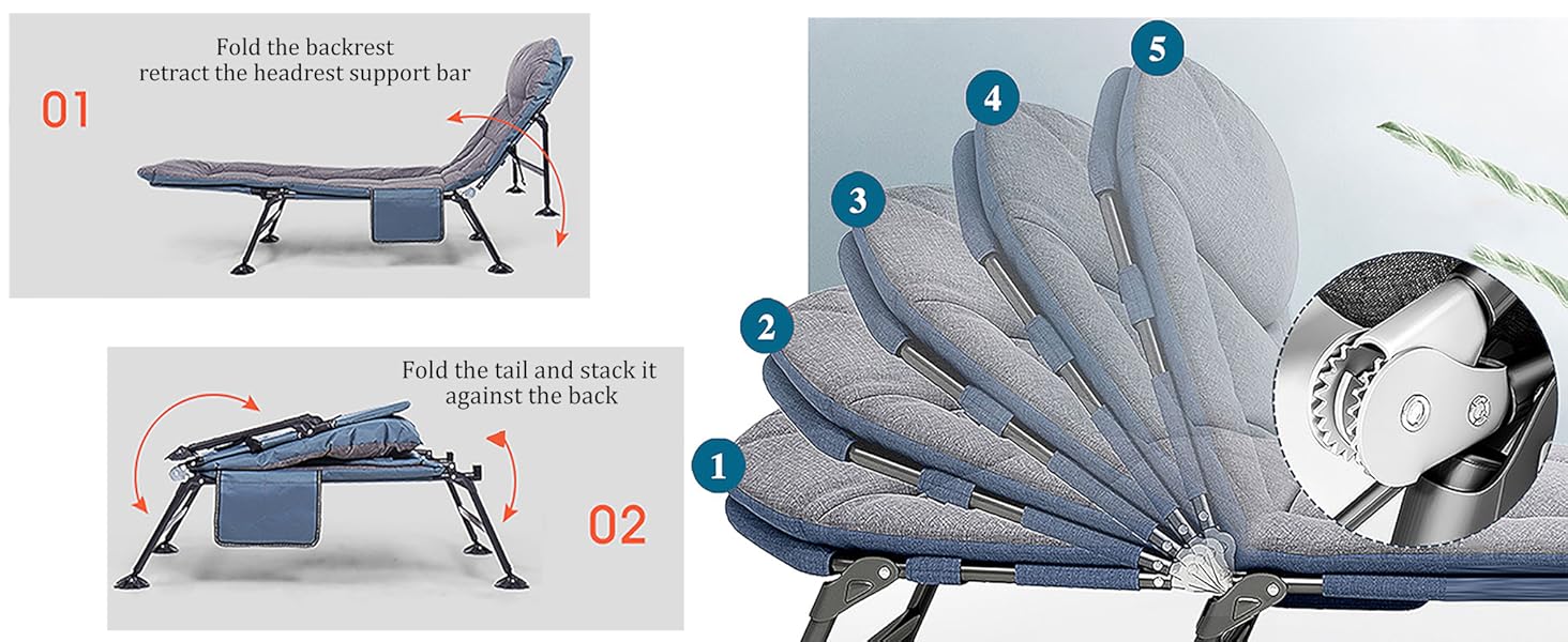 Розкладне ліжко-крісло для кемпінгу з матрацом, 6 положень спинки, ліжко для риболовлі, туристичне ліжко XXL, 65x190x30 см, односпальне, для гостей, сіре (2 шт.)