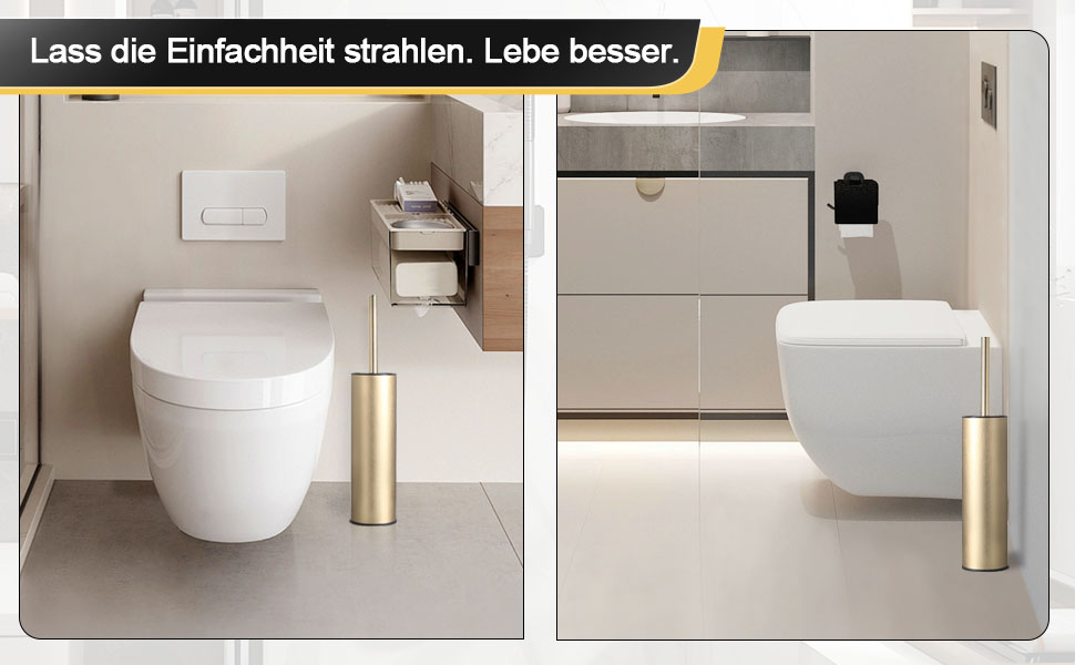 Підлогова щітка для унітазу DAZI з металевим покриттям, матова, з 2 довгими щітками для глибокого очищення, запобігає розбризкуванню та затримці води. (Бурштяне золото)