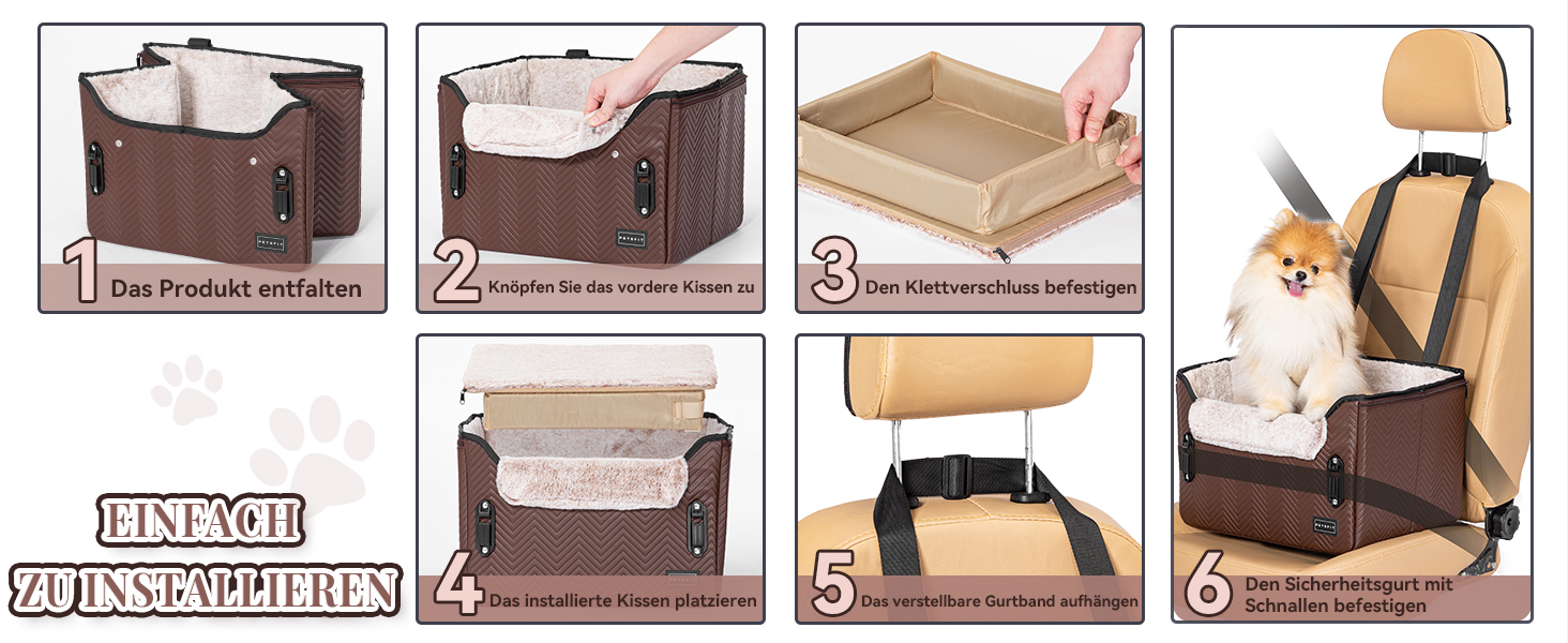 Автомобільне ліжко для собак Petfit, кошик для собак у машину, з кріпленням для безпечного ременя, для маленьких собак, знімні чохли, шкіра, темно-коричневий (S)