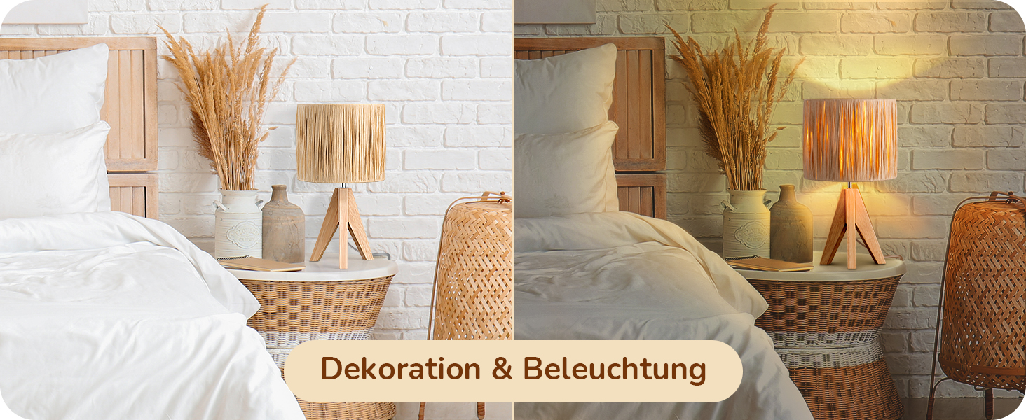 EDISHINE Настільна лампа з ручним плетінням, тепле світло 2700K, з дерев'яною підставкою, Boho стиль, для спальні, вітальні, готелю, з LED лампою E27 4W (рафія)