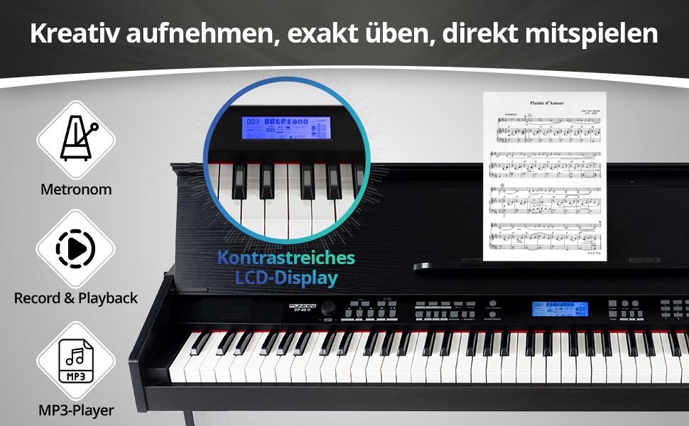 FunKey DP-88 II Цифрове піаніно: 88 клавіш, поліфонія 128, 360 звуків, 160 стилів, MP3-плеєр, функція навчання, запис та відтворення, 3 педалі, чорний колір