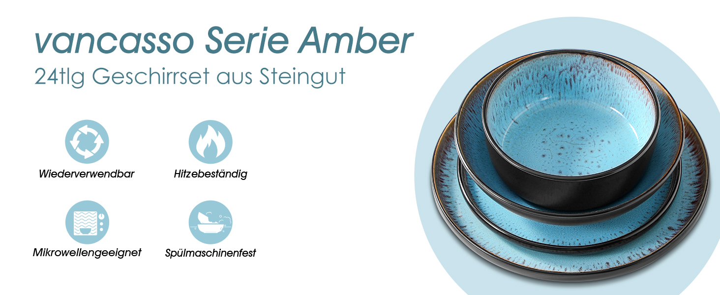Набір посуду Steingut 24 штуки Vancasso AMBER: тарілки, супові тарілки, десертні тарілки, миски, реактивна глазур, морський блакитний, для 6 осіб, стійкий до миття в посудомийній машині