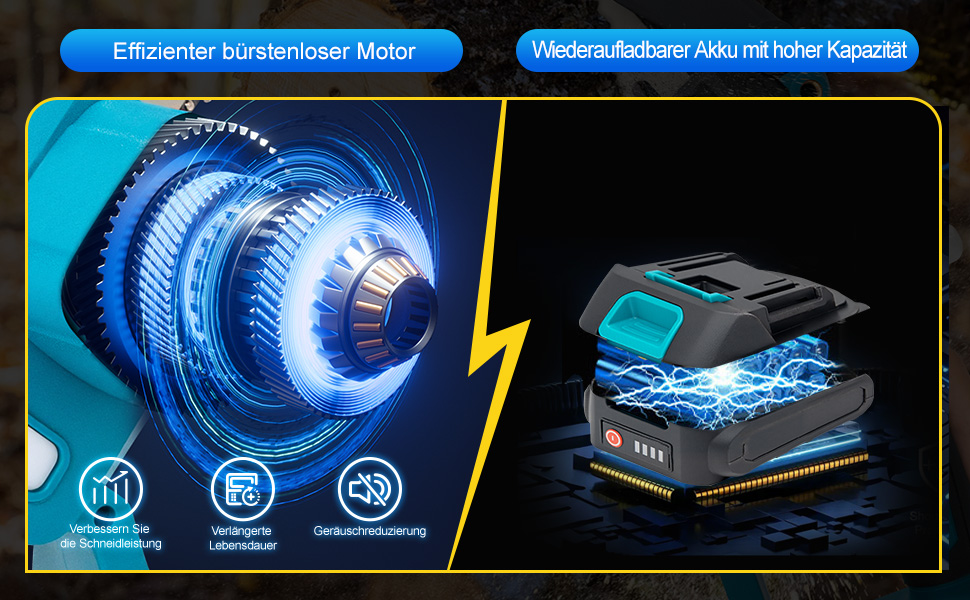 Акумуляторна міні-пила 6 дюймів (20 см) з безщітковим мотором, комплект з 2 ланцюгами 6 дюймів, 2 ланцюгами 8 дюймів, 2 направляючими плитами, 2 батареями високої ємності, для обрізки дерев та різання деревини, блакитна