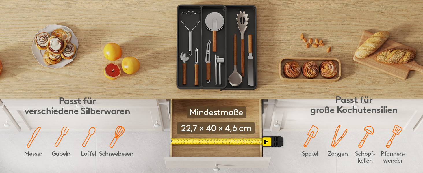 Органайзер для столових приладів Lifewit в шухляду, розширюваний (43.9 см), чорний, 23-37 x 40 x 4.6 см - для кухні, ложок, ножів, лопаток