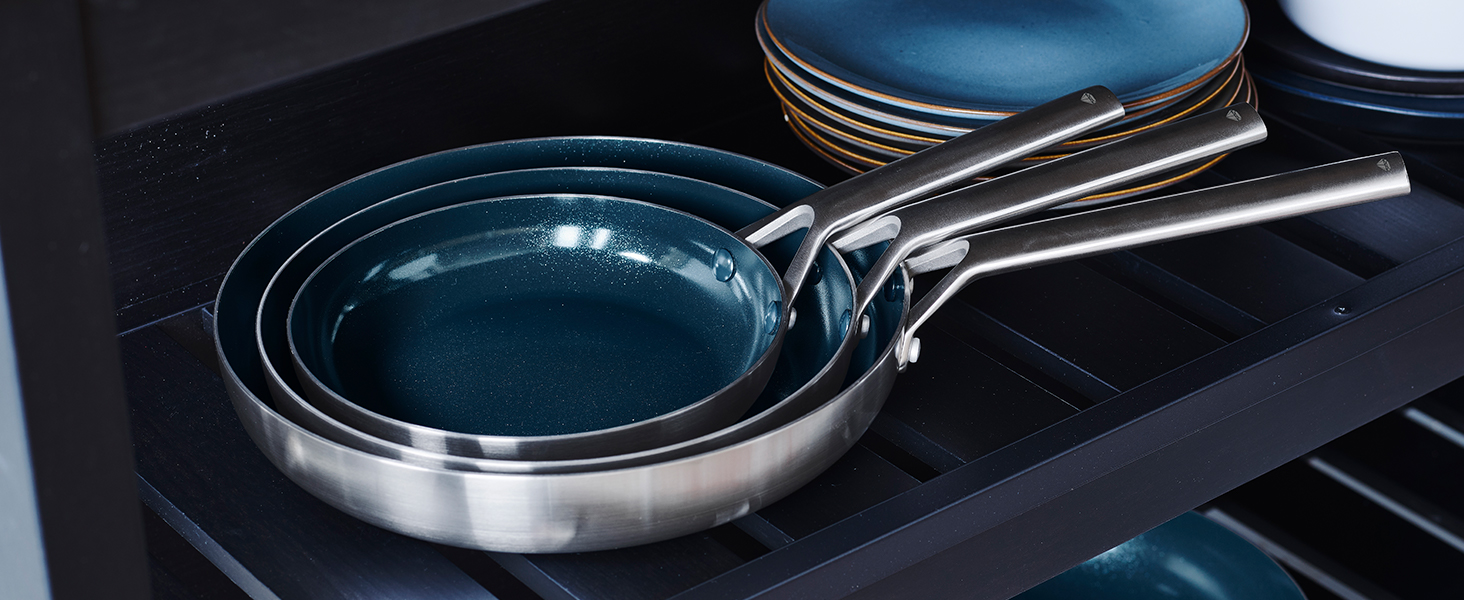 Набір сковорідок Blue Diamond Triple Steel, 2 шт, 24 і 26 см, багатошарові, з діамантовим керамічним антипригарним покриттям, нержавіюча сталь, PFAS-вільні, для індукції, посудомийної машини та духовки, сріблясті