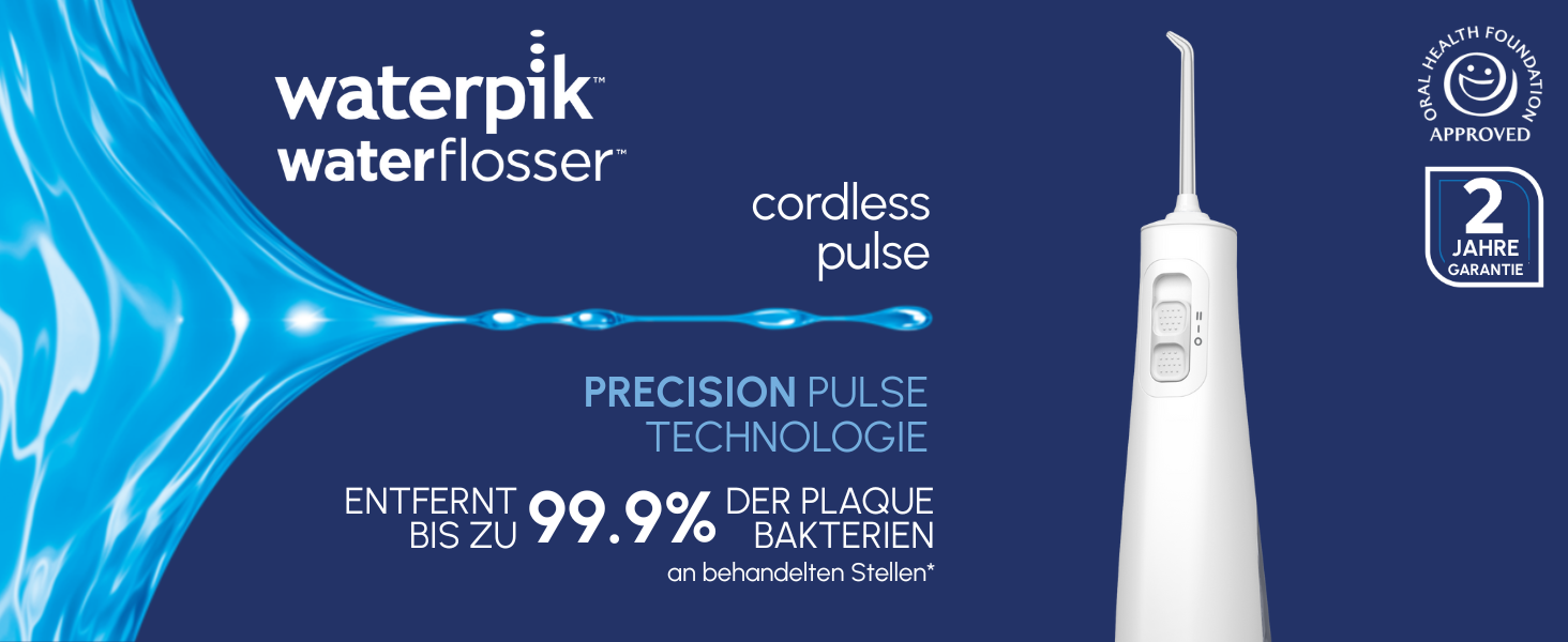 Waterpik Pulse Бездротова Іригатор для Рота (Мандюшче) з 2 Насадками, Білий. Професійне видалення нальоту, 2 режими інтенсивності, 45 сек резервуар, для чищення зубів та міжзубних проміжків