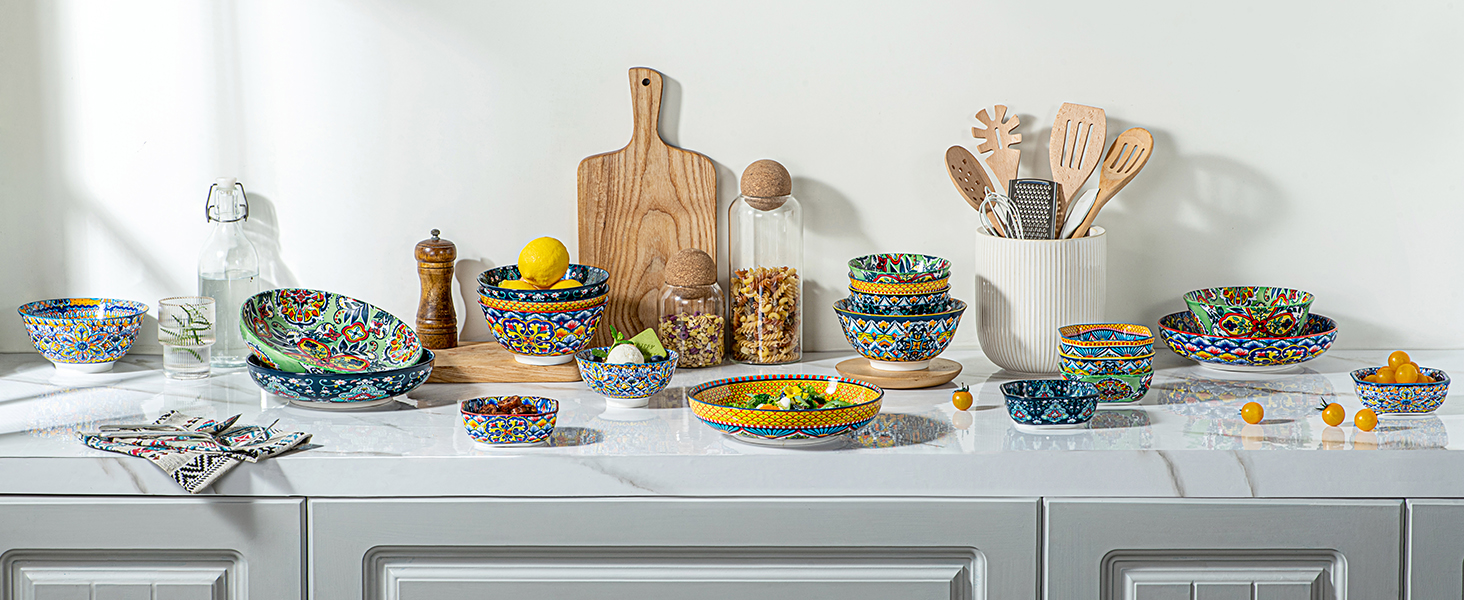 Набір салатниць з порцеляни HENXFEN (4 шт.) - 1000 мл, для салату, супу, пасти, богемський стиль