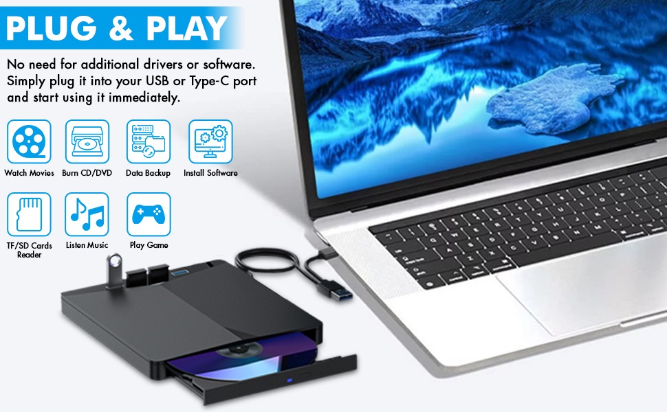Зовнішній USB 3.0 CD/DVD-привід для ноутбука та ПК, портативний DVD-плеєр з 4 USB-портами та 2 слотами для TF/SD карт