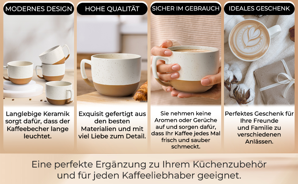 MIAMI – Set of 4, 15.2 oz Ceramic Latte Cups – Elegant, Modern Coffee Cup Set for Cafe, Tea, Hot Chocolate - Dishwasher & Microwave Safe – Aura Collection