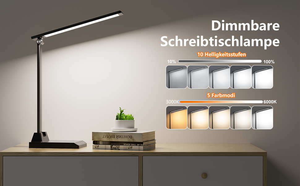 TOPPLEE LED Desk Lamp - Dimmable Table Lamp with Rechargeable Battery, 5 Colors & 10 Brightness Levels, USB Charging Port, Office Lamp for Kids & Home, Black