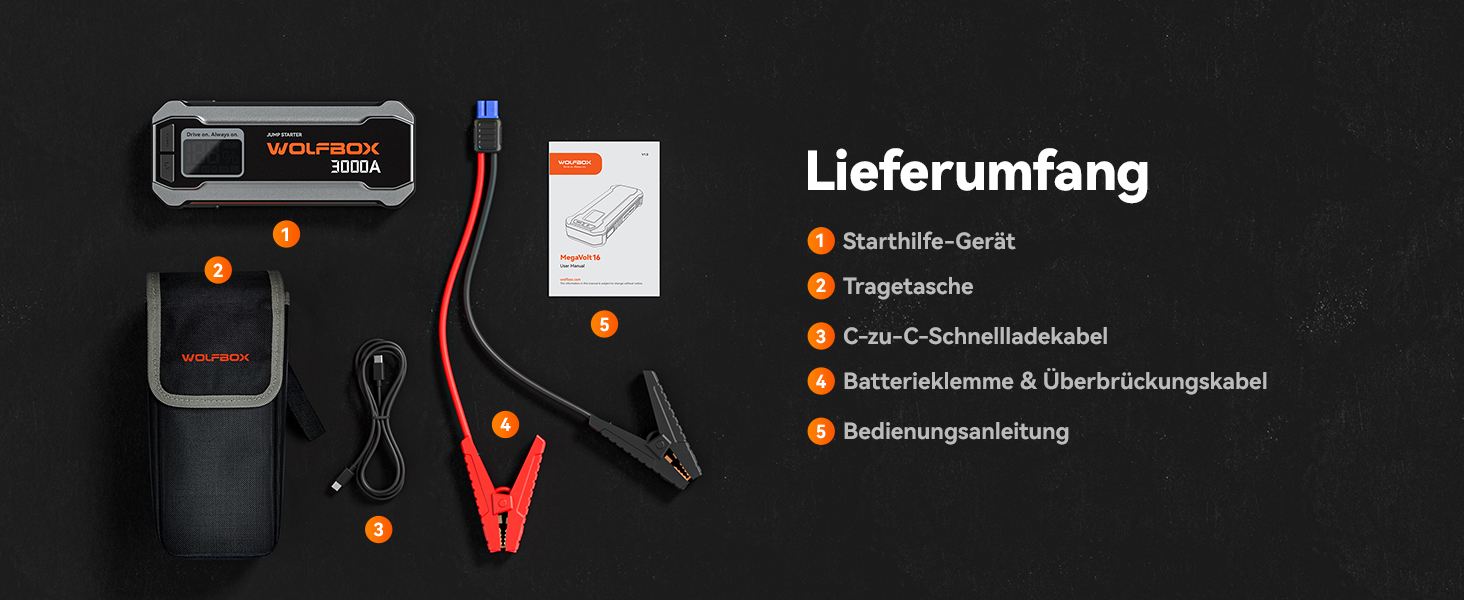 Powerbank WOLFBOX для запуску авто: 12V, 3000A, LED-ліхтар, для SUV, LKW, мотоциклів
