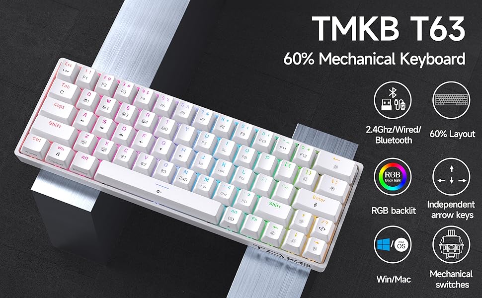 Ігрова клавіатура TMKB T63 з механічними синіми вимикачами, Bluetooth/2.4G/з кабелем