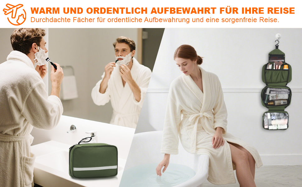 Чоловіча та жіноча косметичка для подорожей з відділеннями, водонепроникна, з гачком, зелена