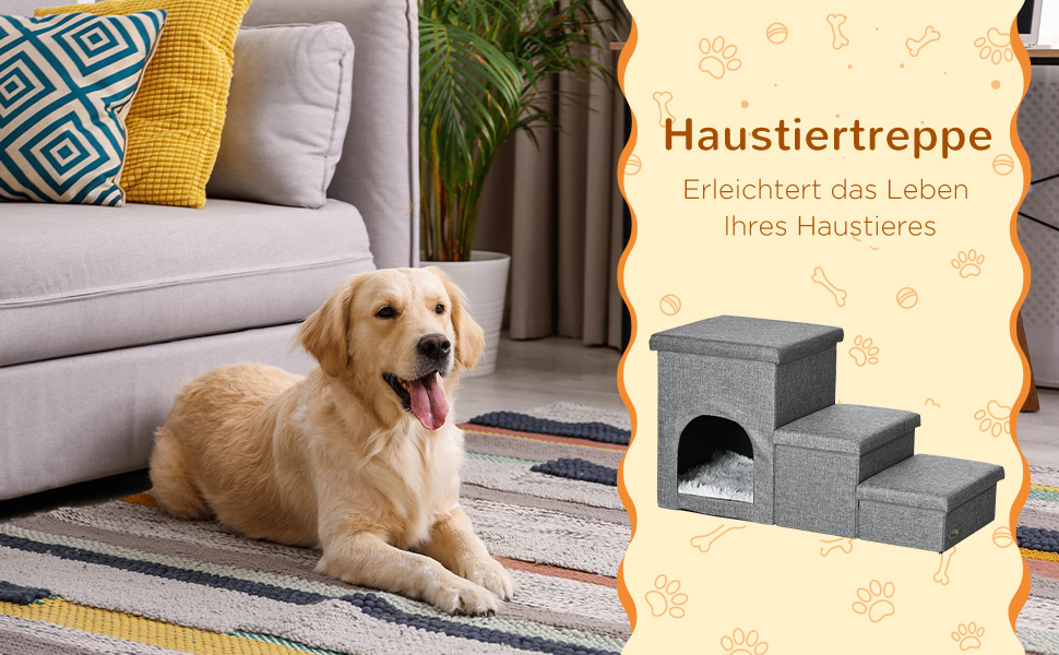 PawHut Сходинка для собак 3 сходинки, 40.5 см, з подушкою-печериною, місцем для зберігання, для котів та маленьких собак, сірого кольору, для ліжка, дивану, авто