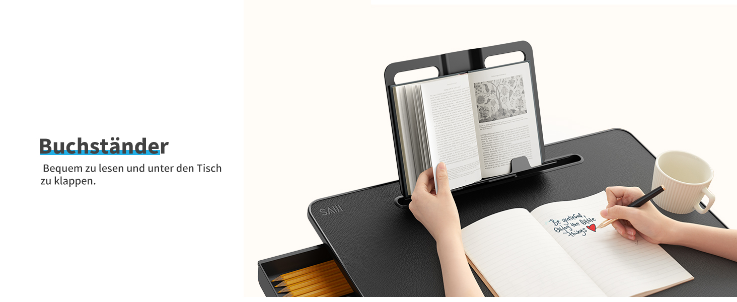 Столик для ноутбука SAIJI 60x45 см з регульованою висотою, з підставкою для книг, ящиком та кріпленням для планшета. Чорний.