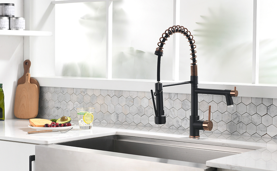 Змішувач кухонний AIMADI LED з витяжкою, поворотний 360°, чорний/рожеве золото