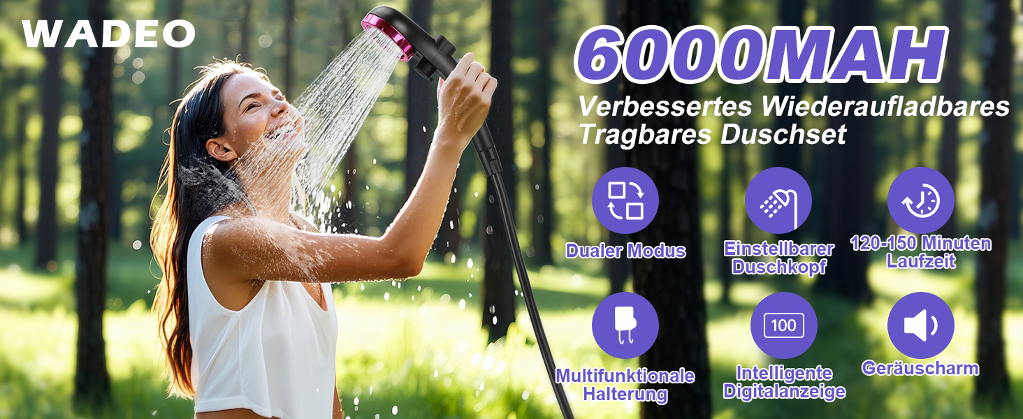 Портативний акумуляторний душ WADEO для кемпінгу з помпою, літієвий 6000 mAh, цифровий дисплей, душова лійка, для подорожей, саду (Ліловий, Type-C)