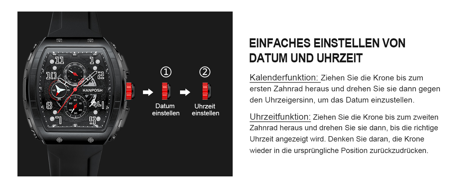 HANPOSH Чоловічий годинник: аналоговий кварцовий годинник з водозахистом, спортивний стиль, тактичний дизайн (чорний)
