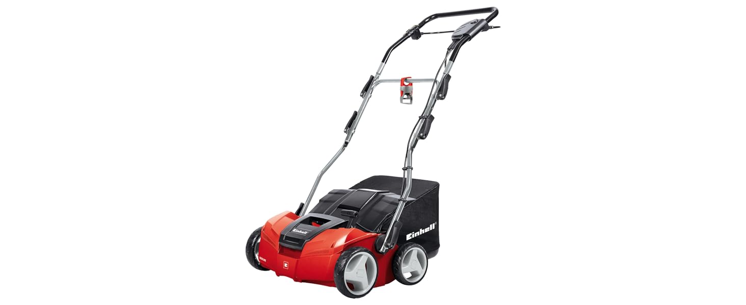 Електричний аератор-скарифікатор Einhell GE-SA 1435, 1400 Вт, 35 см, 3-9 мм, регулювання висоти, 28 л травозбірник, з валиком для аерації