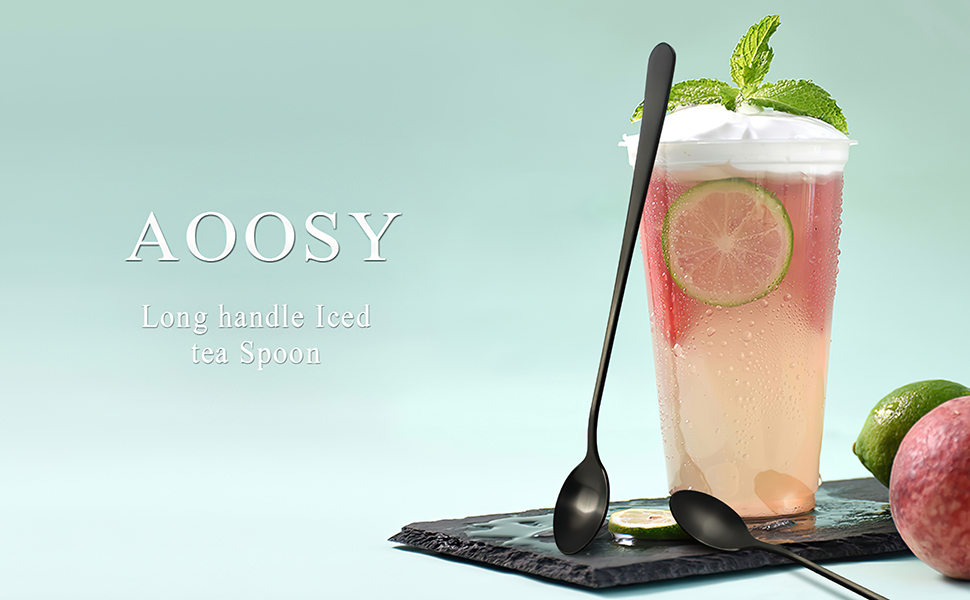 Набір ложок для лате AOOSY, 8 шт., 22.7 см, нержавіюча сталь. Ложки для кави, коктейлів, десертів та морозива. Сріблясті та чорні ложки.