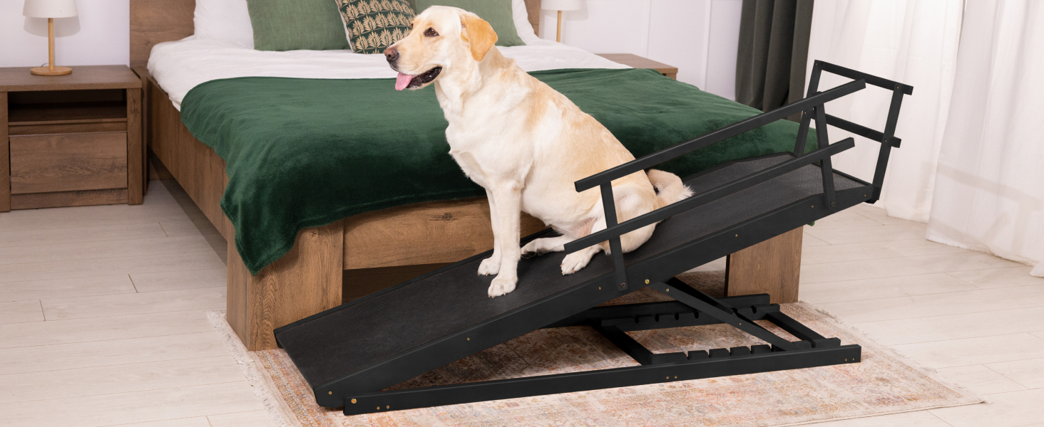 Сходинки для собак до ліжка з поручнями - для великих собак до 90 кг - регульована висота до 94.5 см - ширина 49.5 см - складані - з антиковзним покриттям - з берези - натуральний колір (чорний)