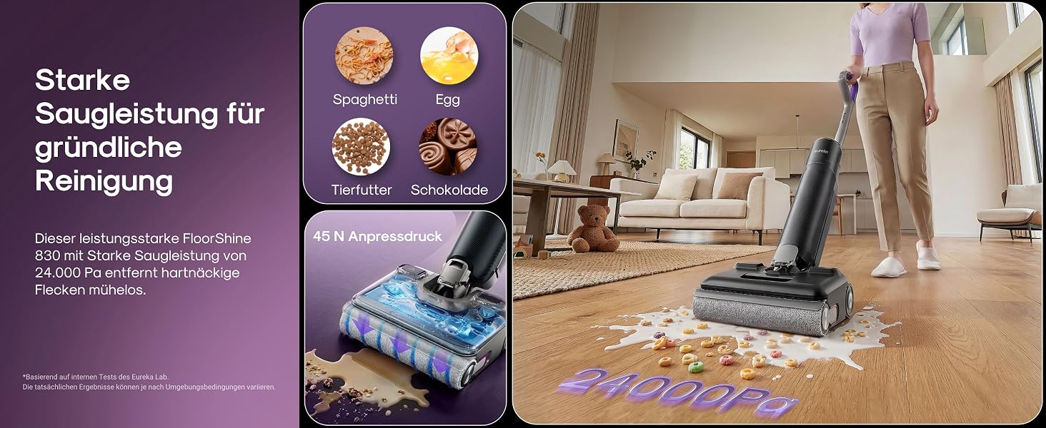 Акумуляторний миючий пилосос EUREKA FloorShine 830 для твердих підлог, 24000 Па, з функцією самоочищення та сушіння гарячим повітрям 75°C, Anti-Tangle 3.0, 60 хв роботи