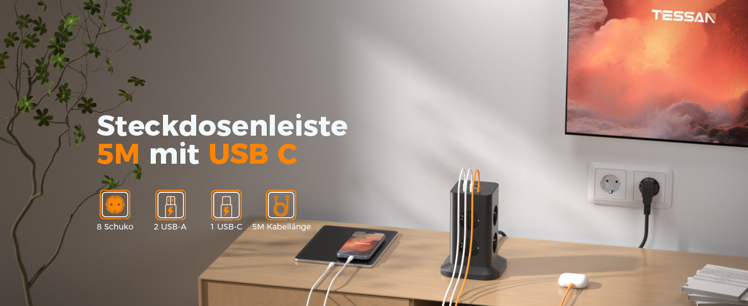 Блок розеток TESSAN із захистом від перенапруги 3600W 16A, 8 розеток + USB-C, подовжувач 2м, сірий, 1 USB-C (сірий&білий)