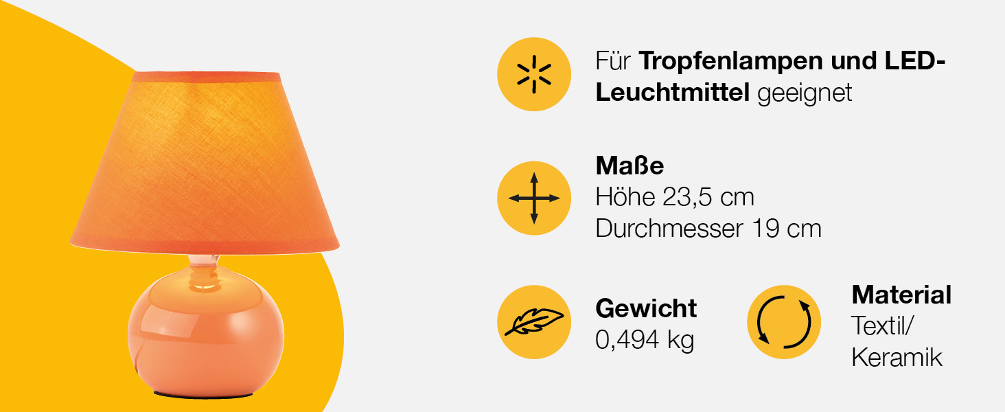 BRILLIANT Primo – стильна настільна лампа з тканинним абажуром, оранжевого кольору, для спальні, вітальні та приліжкового столика, цоколь E14