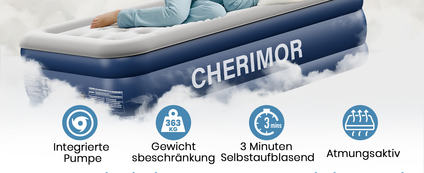 Надувне ліжко для двох осіб, самонадувна повітряна матрац для гостей з вбудованим насосом (3 хвилини), захист від проколів, надувна матрац для кемпінгу та дому, 203x152x46 см, максимальне навантаження 363 кг