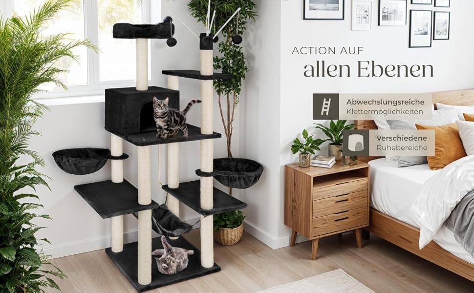 Тектейк® XXL Драбина-кіготь для котів, велика, з аксесуарами: лежанки, гамак, будиночок, іграшки, мотузка з сизалю, ствол для шліфування, кіготь для котів, драбина-кіготь для котів. Висота приблизно 165 см - сірий (Чорний | № 402933)