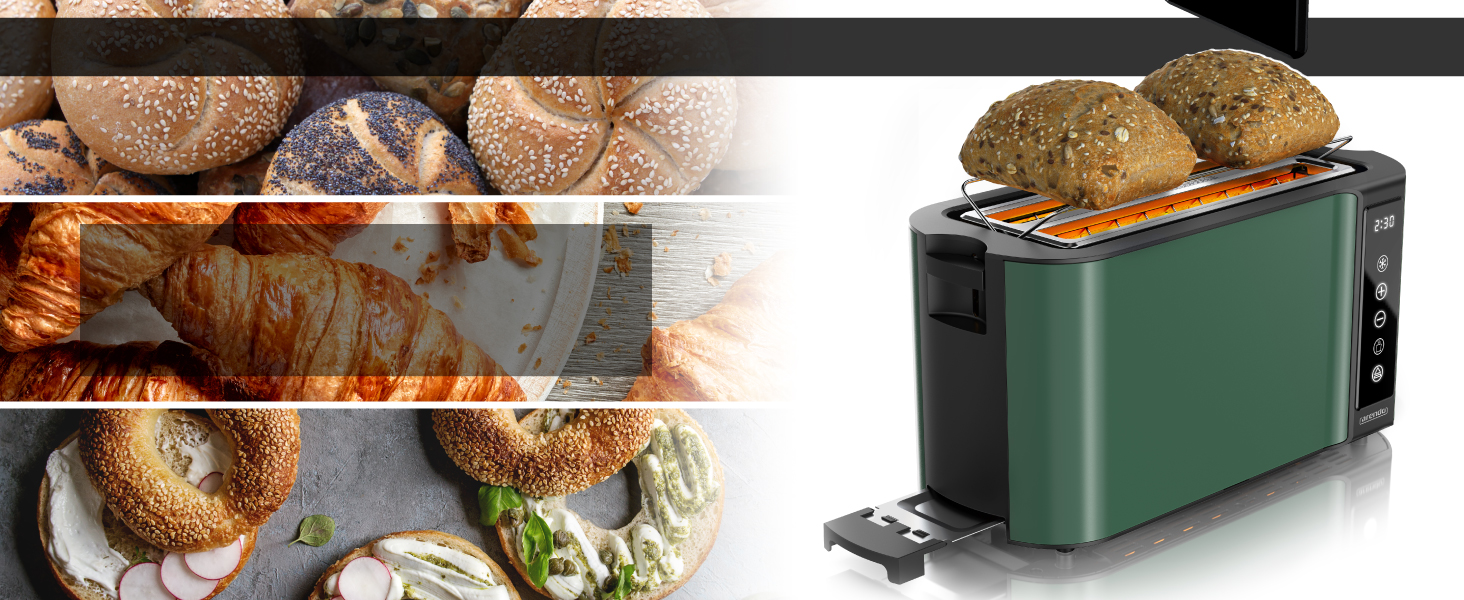 Тостер Arendo з нержавіючої сталі, 4 слоти, сенсорний екран, подвійні стінки, 1500 Вт, підставка для булочок, 7 рівнів підсмажування, центрування хліба, таймер, пам'ять, індикатор E: Green