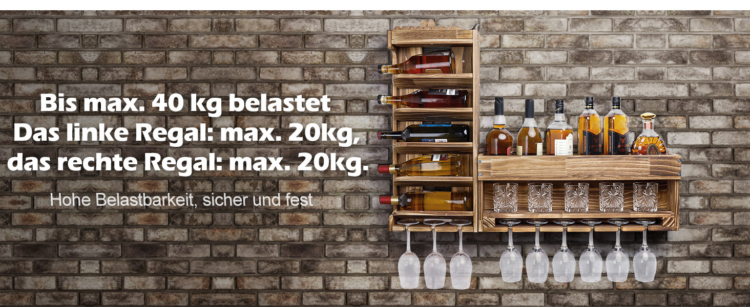 Стійка для вина Yorbay з підігрітим деревом, настінна з тримачем для корку, для келихів для вина та віскі, утримувач для пляшок, домашній бар, вінтаж, подарунок (без LED)