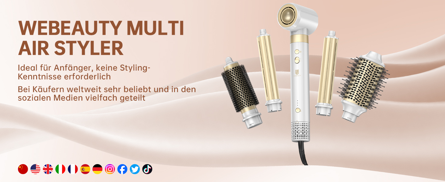 Webeauty Airstyler 7-в-1: фен-щітка, плойка, випрямляч, 110000 об/хв, 25 м/с, 500 млн негативних іонів, білий