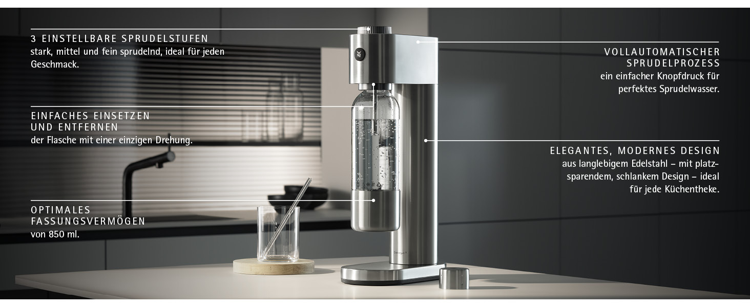 WMF Element One: Автоматичний содовий апарат з нержавіючої сталі, 3 рівні газування, лава (срібний) – для приготування газованої води вдома