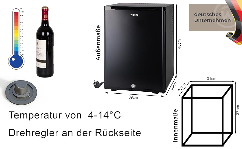 Міні-холодильник 28 літрів з замком, безшумний, з підсвічуванням, для вина, дверцята відкидні, 4°-14°C