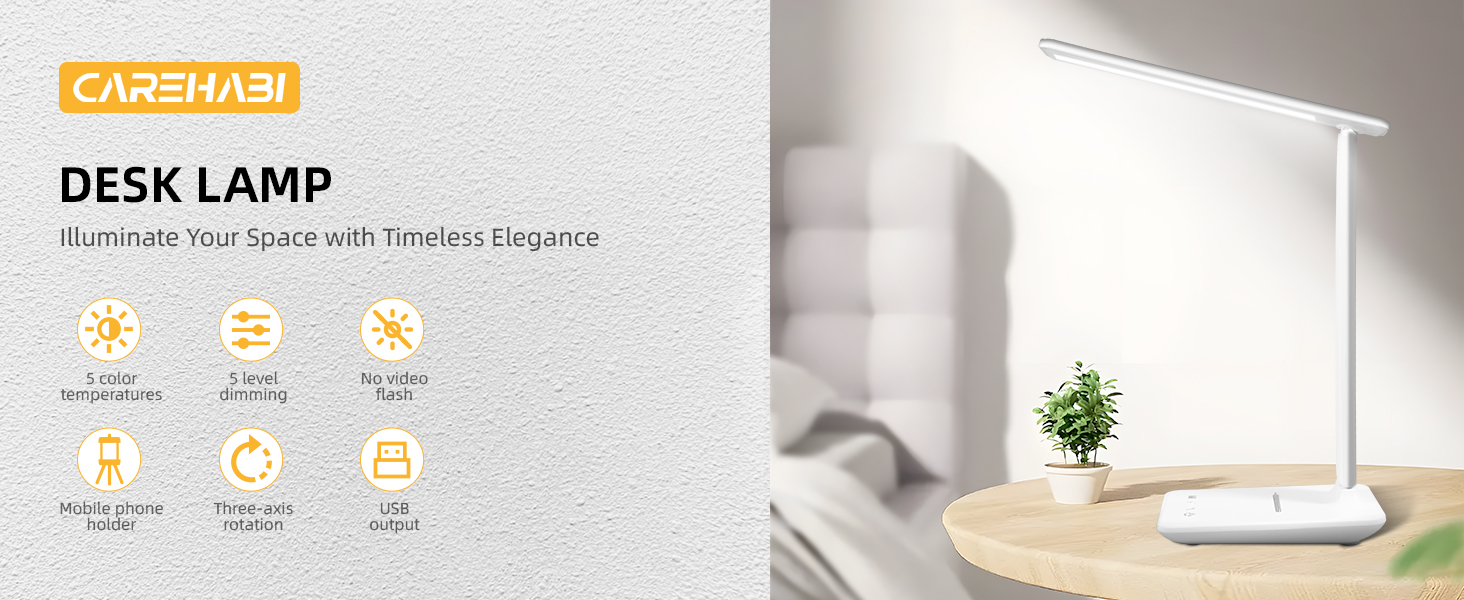 LED лампа настільна Carehabi з USB, 5 кольорів та 5 рівнів яскравості, торкання, для дітей, кімната, офіс
