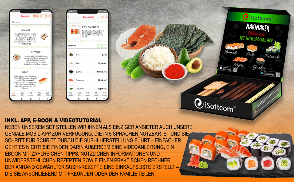 Набір для приготування суші iSottcom: робіть смачні суші та роли самостійно! З рецептами та додатком. З дерева бука та бамбука - ідеальний подарунок!
