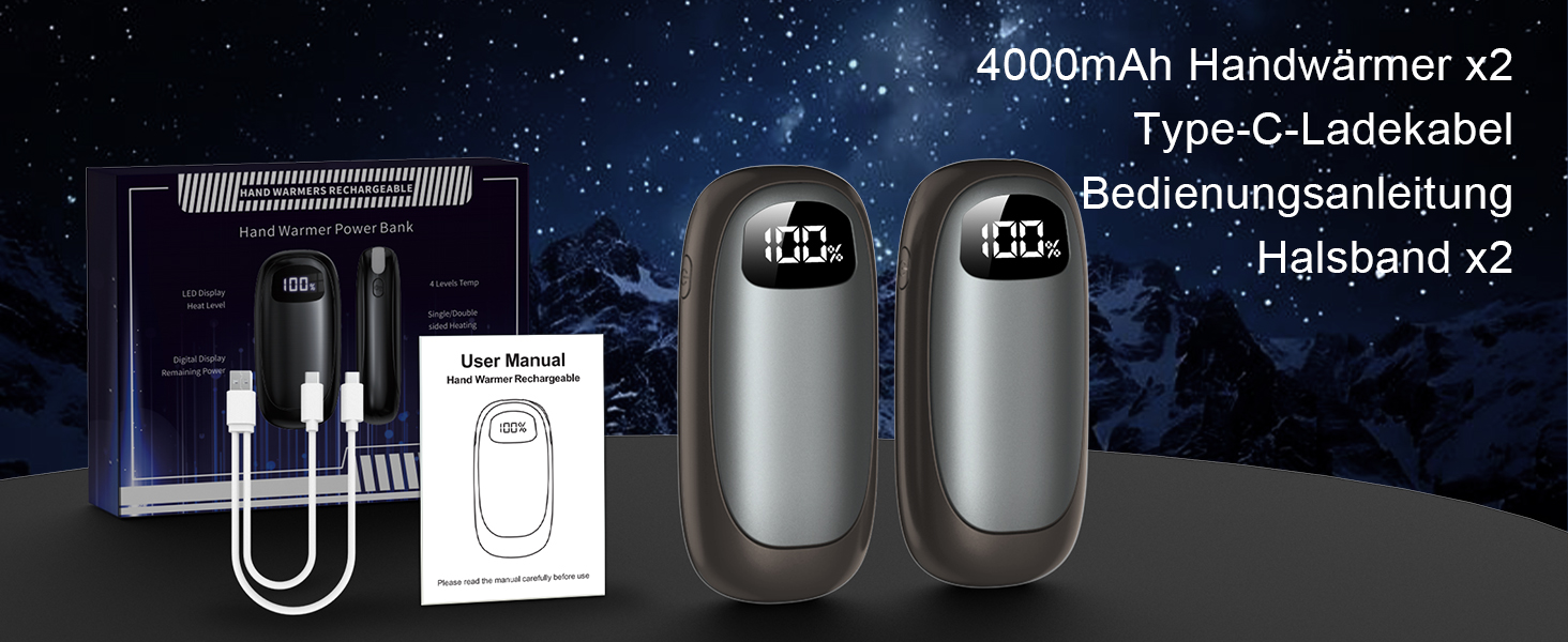 Електричні грілки для рук 2 шт. - Двобічні нагрівачі з LED-дисплеєм, 4 режими нагріву, портативні кишенькові грілки для кемпінгу, полювання, подарунок для чоловіків та жінок, сірі