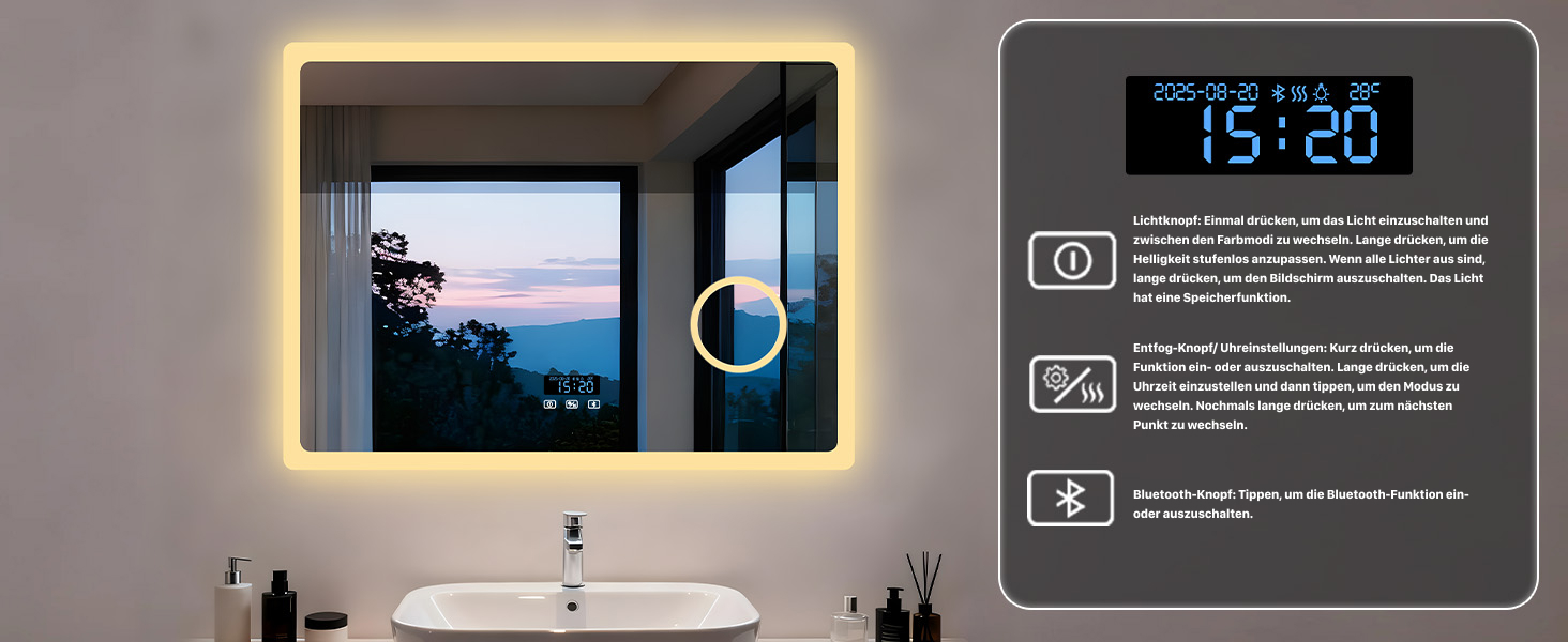 Дзеркало для ванної кімнати LUVODI з підсвічуванням 100x70 см: годинник, температура, дата, антизапар, регулювання яскравості, 3 кольори світла, функція пам'яті, LED, водонепроникність (60L x 80B см, 3x лупа + Bluetooth)