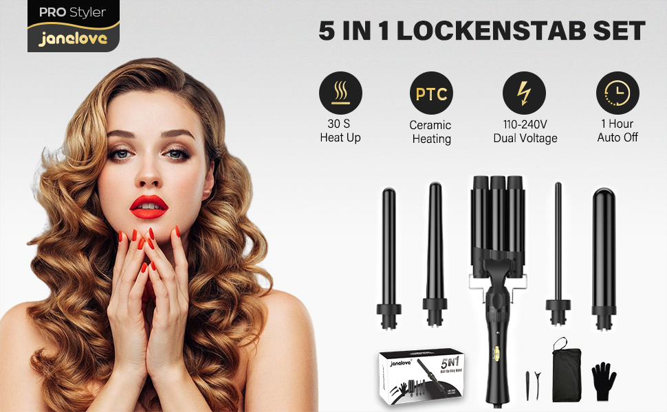 Janelove Welleneisen 3 Fässer: Керамічний локон для волосся 10-32 мм, 180°C/210°C, 5-в-1, з рукавичкою та кліпсами (Чорний)